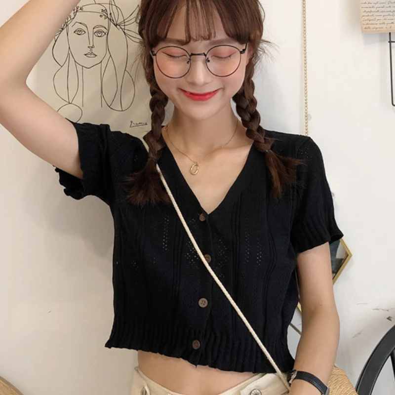 

Summer Hollow Out Knitted Cardigan Women New Design Princess V-neck Cropped Fashion Sweet Girlish Sexy Classic Popular Vintage
