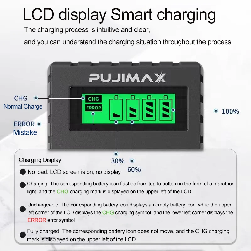 PUJIMAX 4 gniazda inteligentny wyświetlacz LCD ładowarka baterii nadaje się do szybkiego ładowania akumulatora 1.2V AAA/AA Ni-Cd/Ni-mh