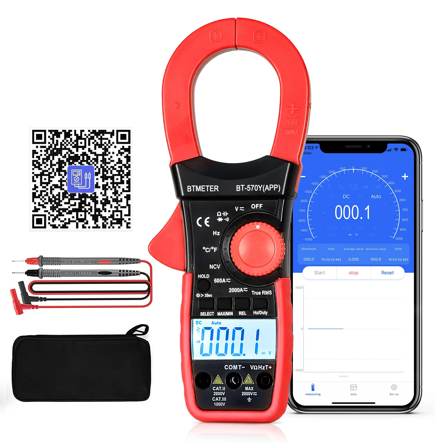 BTMETER BT-570Y-APP Digital Clamp Multimeter, 2000A / 2000V ,True RMS Meter, with Bluetooth ,APP, AC/DC Voltage & Current Tester