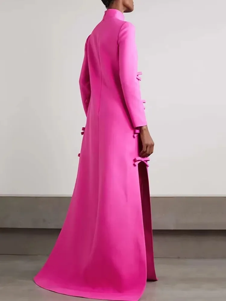 Yeezzi Fashion Bowknot Split-Side Pink Dress For Women 2025 New Spring Long Sleeve Solid Color High-neck Party Prom Maxi Dresses