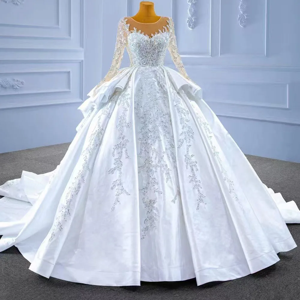 Wedding Dress O-Neck Long Sleeves Lace-Up Back Pearls Sequined Ball Gown Women's Elegant Bridal Gown - view 3