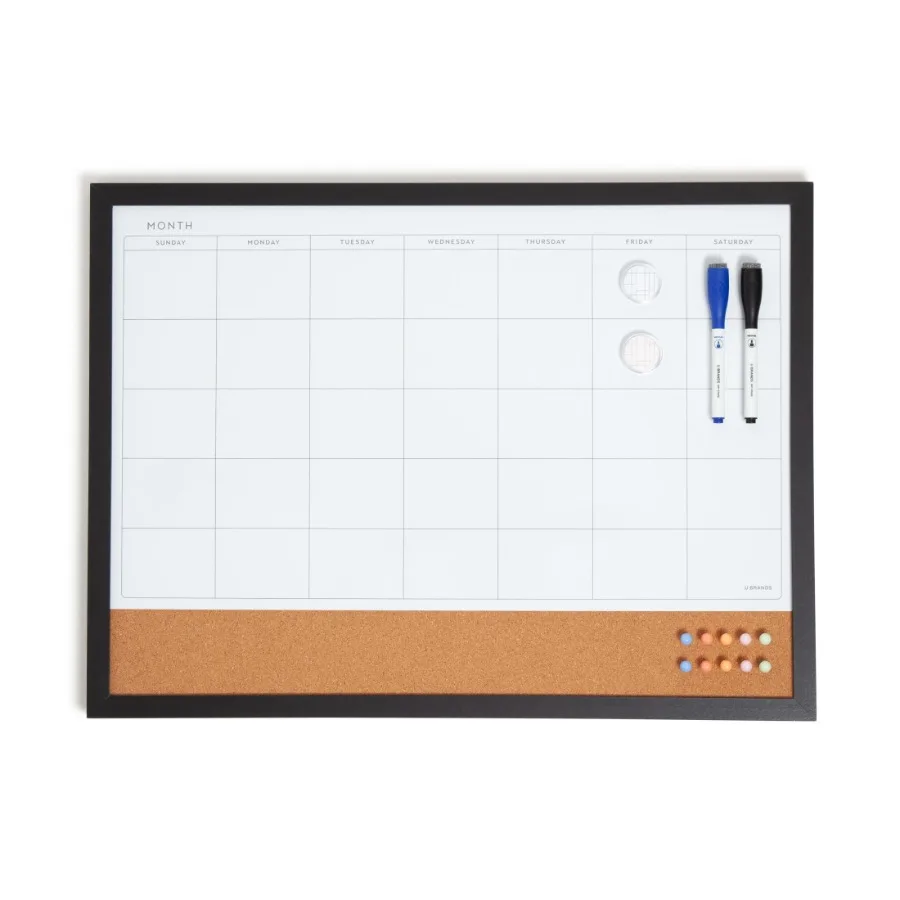 23 x 17 in. Magnetic Dry Erase Calendar Combo Board with Black Wood Style Frame for Office and Home Use Combines Weekl