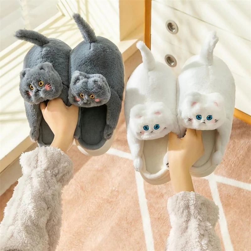 2022 New Cute Cat Slippers Women Winter Home Furry Slippers Indoor Floor Kawaii Floor Shoes Non-slip Fluffy Winter Warm Slippers