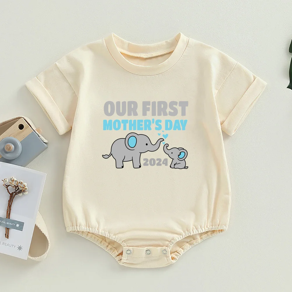 Our First Mother's Day Print Bubble Romper Elephant Prttern T Shirt Bubble Romper Mathers Day Short Sleeve Infant Clothing