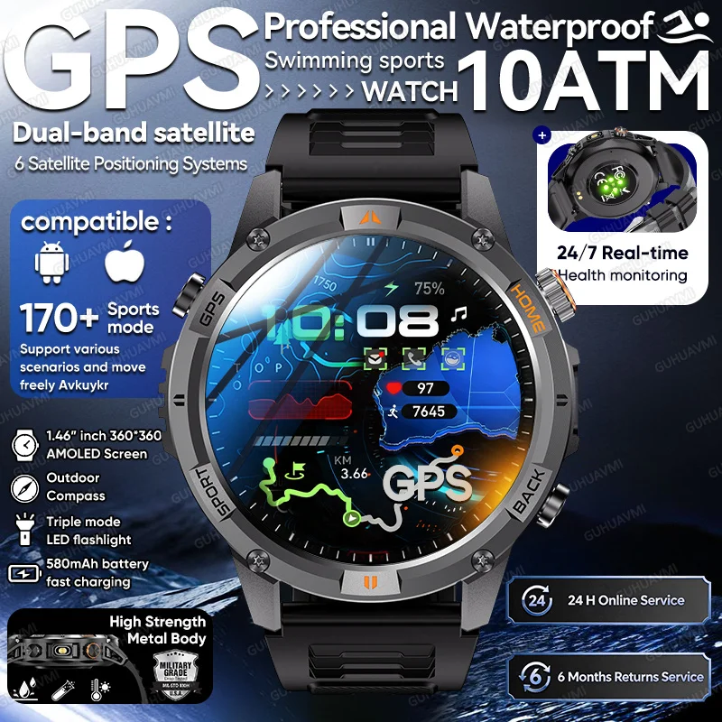 2026 New 10ATM Smart Watch SwimWaterproof Built-in Dual band GPS AMOLEDSapphire Screen Flashlight Compass 24/7 Health Smartwatch