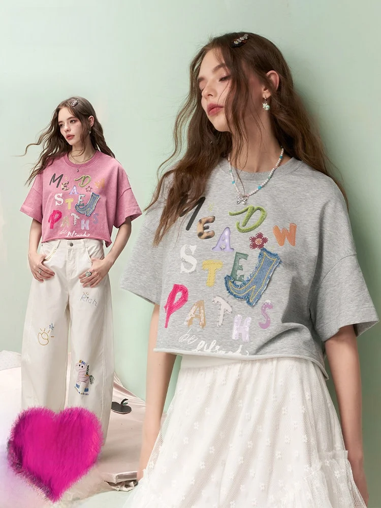 

Spring Design Loose Women's T-irt Cotton Casual Sle fiti Letter Patchwork ort Sve Denim Top for Young Ladies