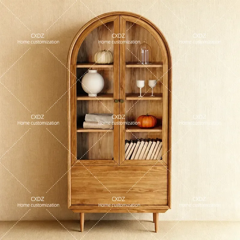 New Chinese Ash Wood Bookcase Retro Semicircular Vertical Cabinet Living Room Study Home Zen Locker Custom Model