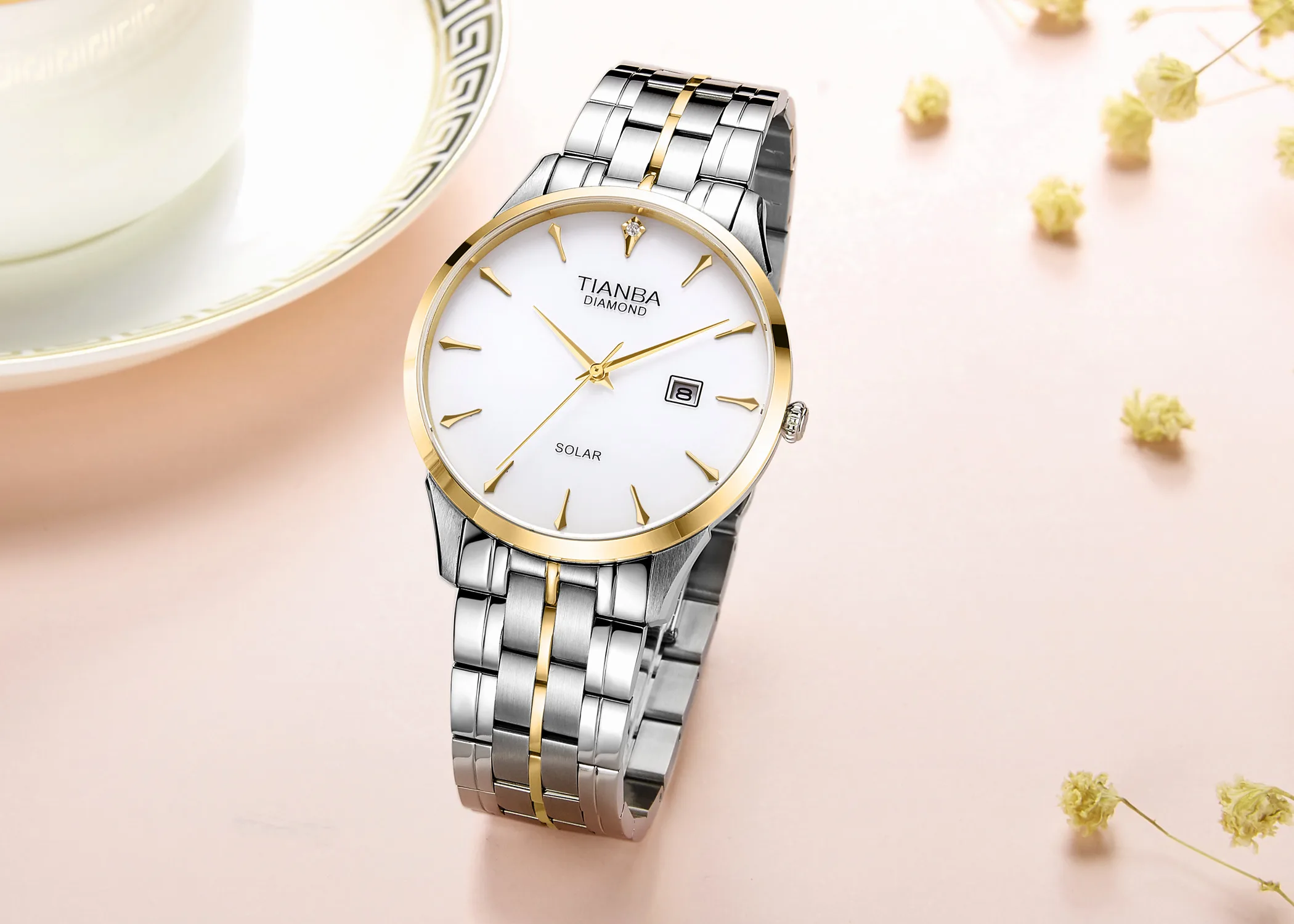 TIANBA Quartz Watch light energy Steel strip calendar Fashion business Women's watch9015