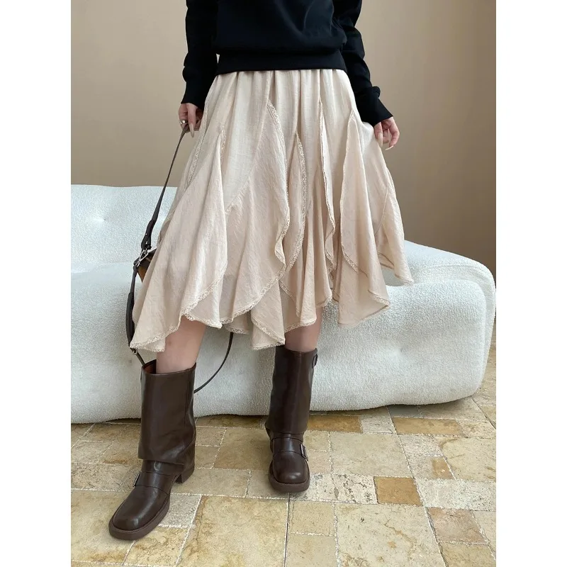 

Silk Blend Elastic Waist Irregular Lace Patchwork Skirt