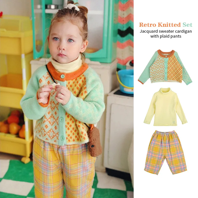 

Children's Clothing Autumn Knitted Sweater Soft Fashion Checkered Cardigan Sweater+Checkered Wide Leg Pants Two Piece Set 2023