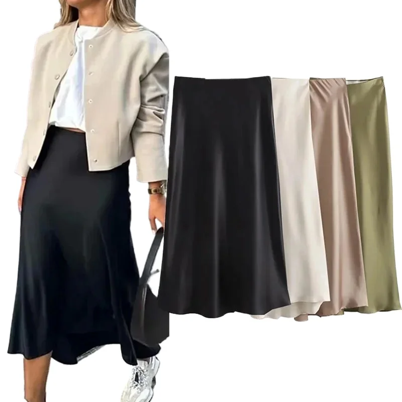 

Черная атласная юбка для женщин, элегантная длинная юбка с высокой талией, модная летняя юбка миди, офисные юбки для женщин