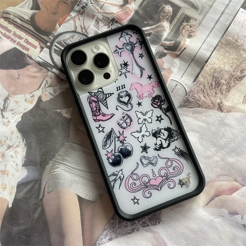 حافظة لهاتف آيفون 12 13 14 15 16 17 Pro Max Plus wf بكعب عالٍ متقاطع على شكل زهرة برية ﻿