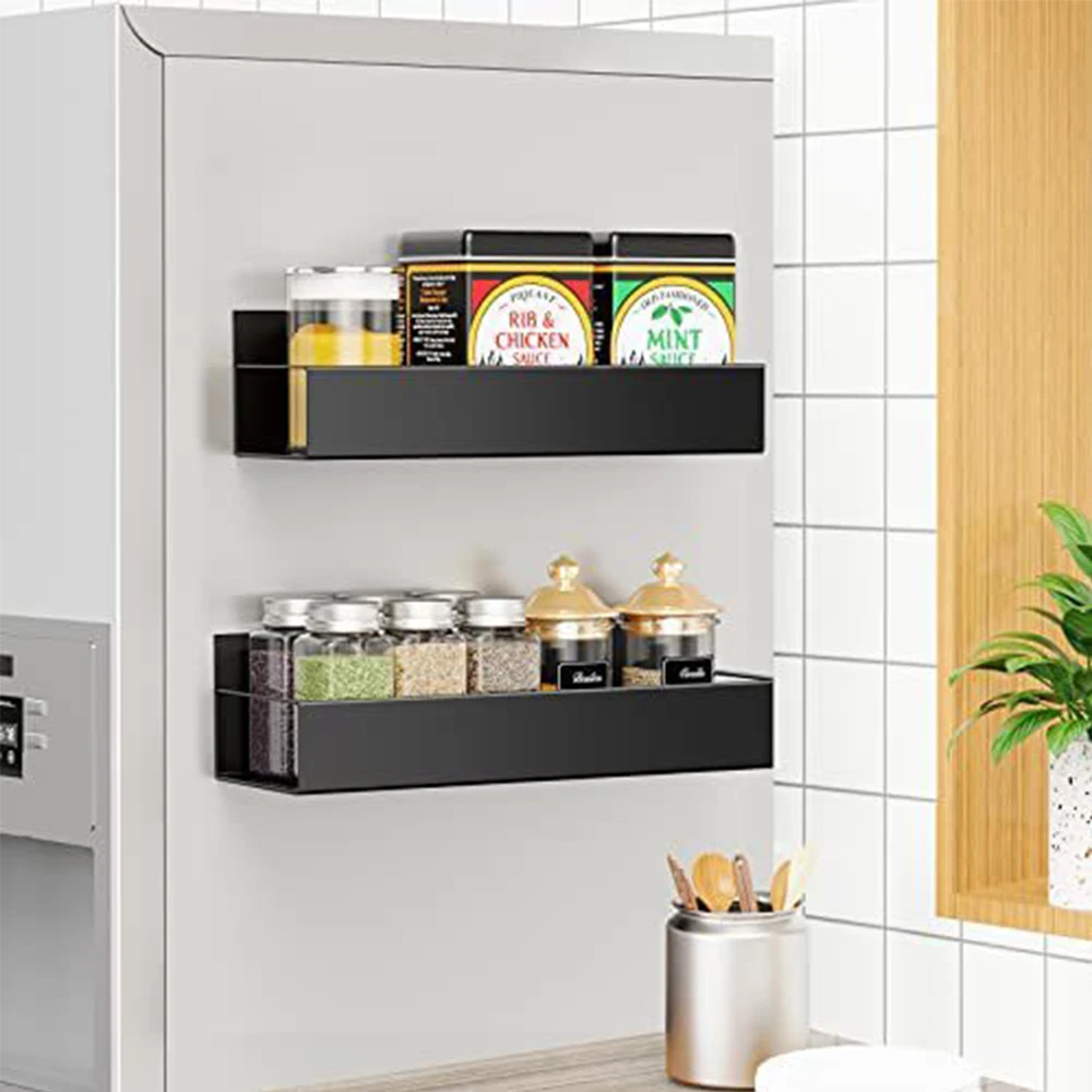 Magnetic Fridge Shelf Spice Storage Rack Black Iron Space Saving for Cabinet on The Side of Refrigerator Kitchen Organizer Shelf