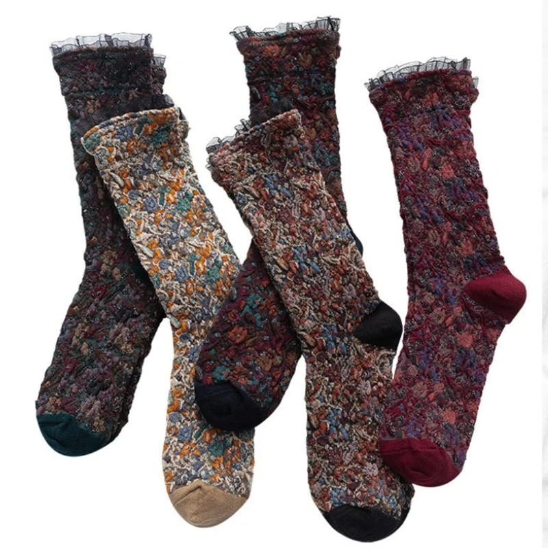 

Women Sweet Ruffle Lace Calf Socks Ethnic Vintage Multicolor Floral Jacquard Harajuku Tube Hosiery 15UB