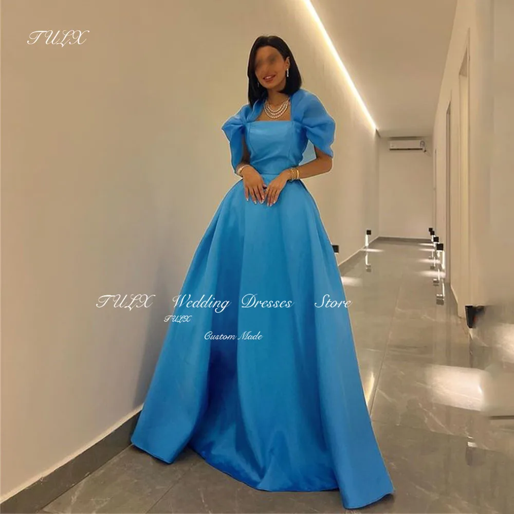 

TULX Elegant A Line Blue Evening Dresses Saudi Arabic Women Satin Off the Shoulder Long Prom Gowns FOrmal Paryt Occasion Dress