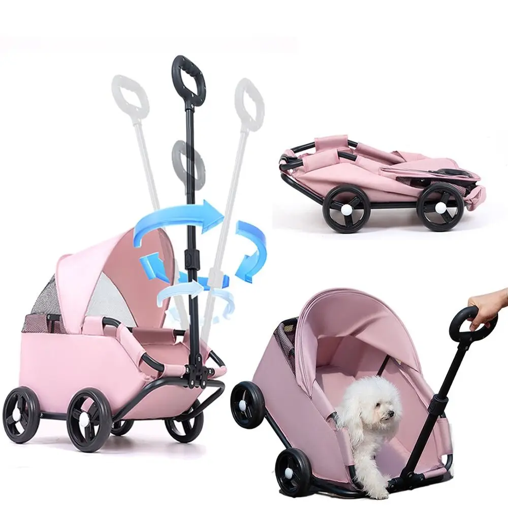 

4 Wheels Foldable Pet Stroller Breathable Sun Cover Travel Dog Pram Retractable Handle 360° Rotating Handle Pet Cart Shopping