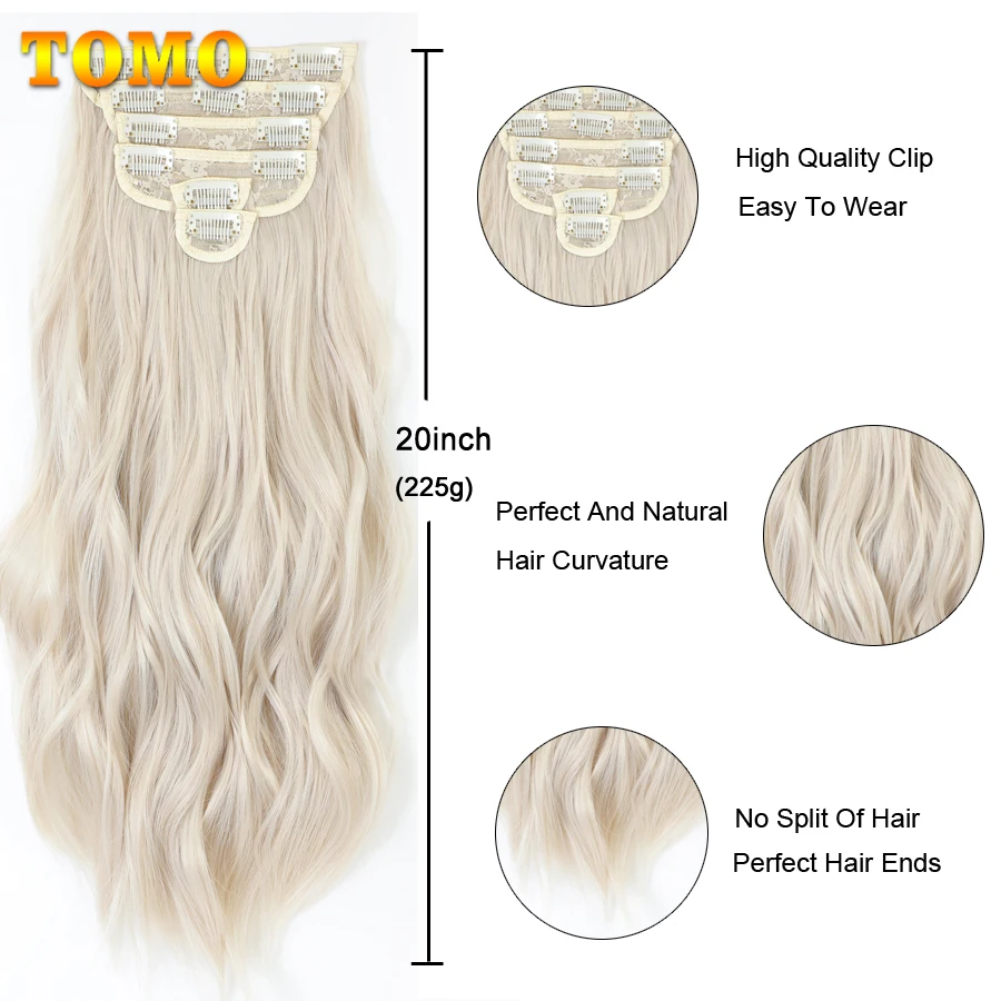 TOMO 6 Pcs/Set Clip In Hair Extensions Long Wavy Hairstyle Natural Synthetic Black Blonde Hairpieces High-temperature Fiber Hair