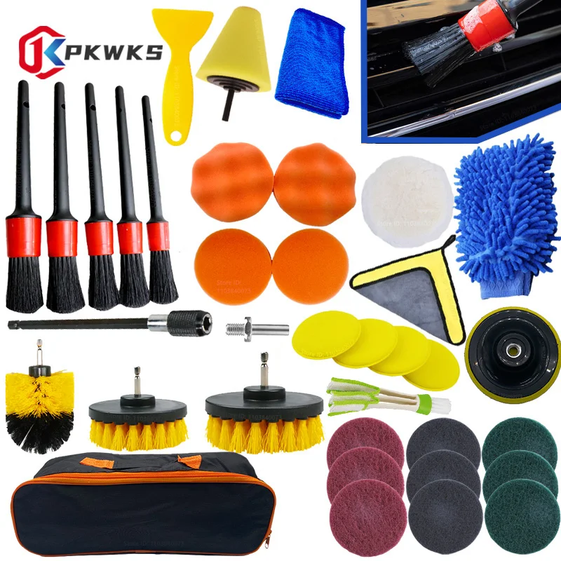 PKWKS New Car Cleaning Kit Scrubber Drill Detailing Brush Set Air Conditioner Vents Towel Polisher Car Auto Detailing Tools