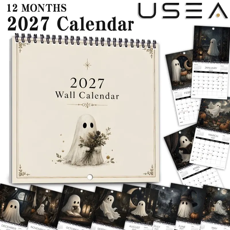 2027Wall Calendar,8.3x8.3Inch Cozy Spooky Ghost Aesthetic Boho Decor with US Holidays Moon Phase,Gift for Women Coworker Teacher