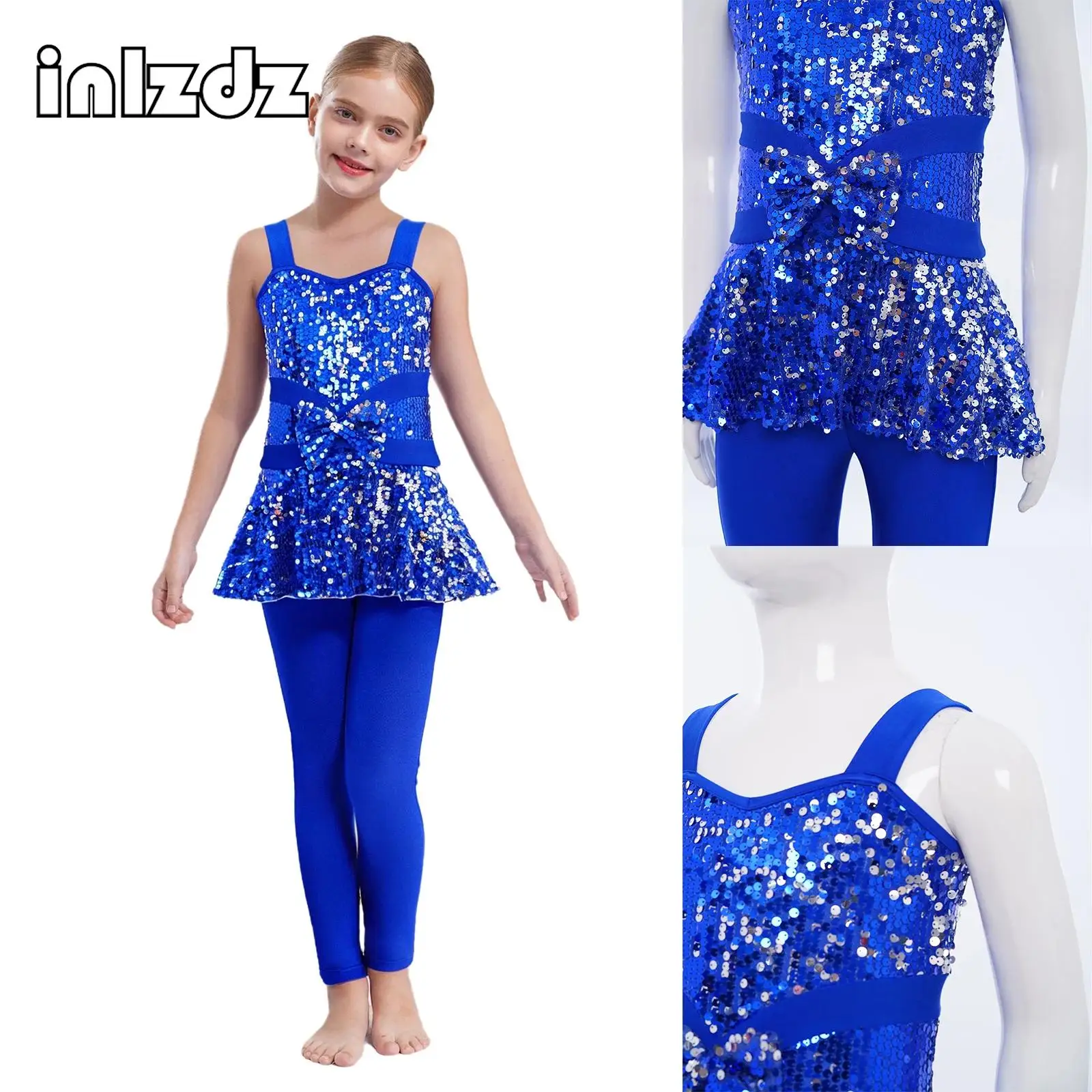 

New Style Girls Jazz Hip Hop Street Dance Performance Costume Wide Shoulder Straps Sleeveless Back Shiny Sequins Peplum Jumpsuit