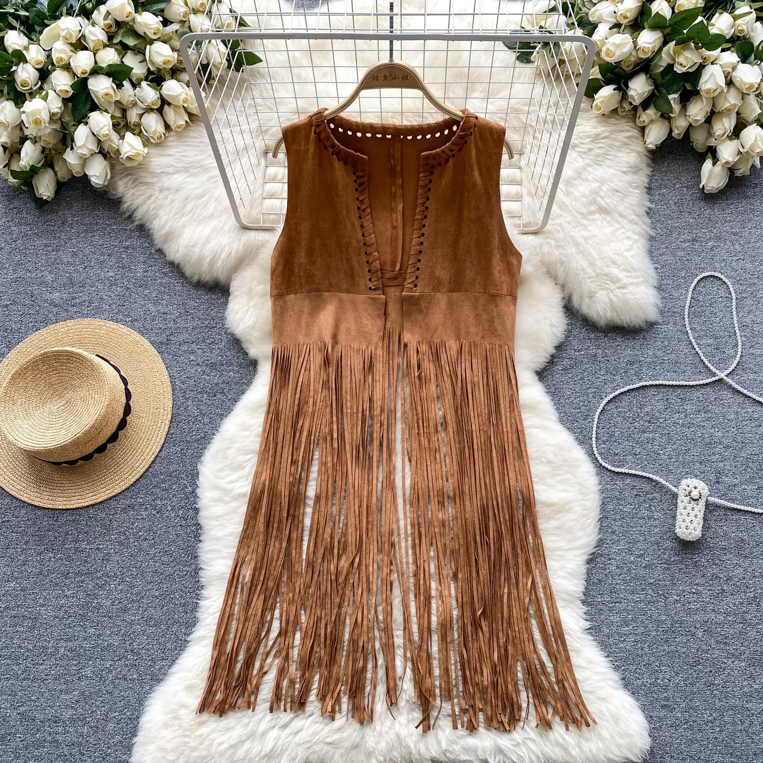 New Women\'s Suede Cardigan Waistcoat Suede Long Fringe Cape Tassels Open Front Hollow Hole Design Fashion Hippie Outerwears