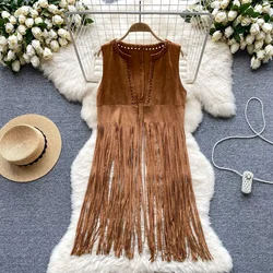 New Women's Suede Cardigan Waistcoat Suede Long Fringe Cape Tassels Open Front Hollow Hole Design Fashion Hippie Outerwears