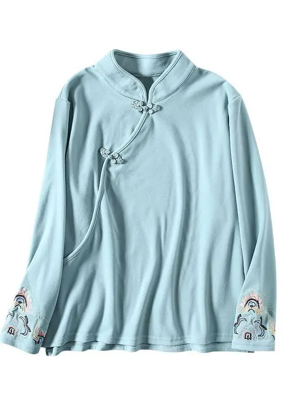 Camisa Casual Feminina de Veludo Dupla Face com Gola Alta Bordada e Aquecimento Automático para Cerimônia do Chá