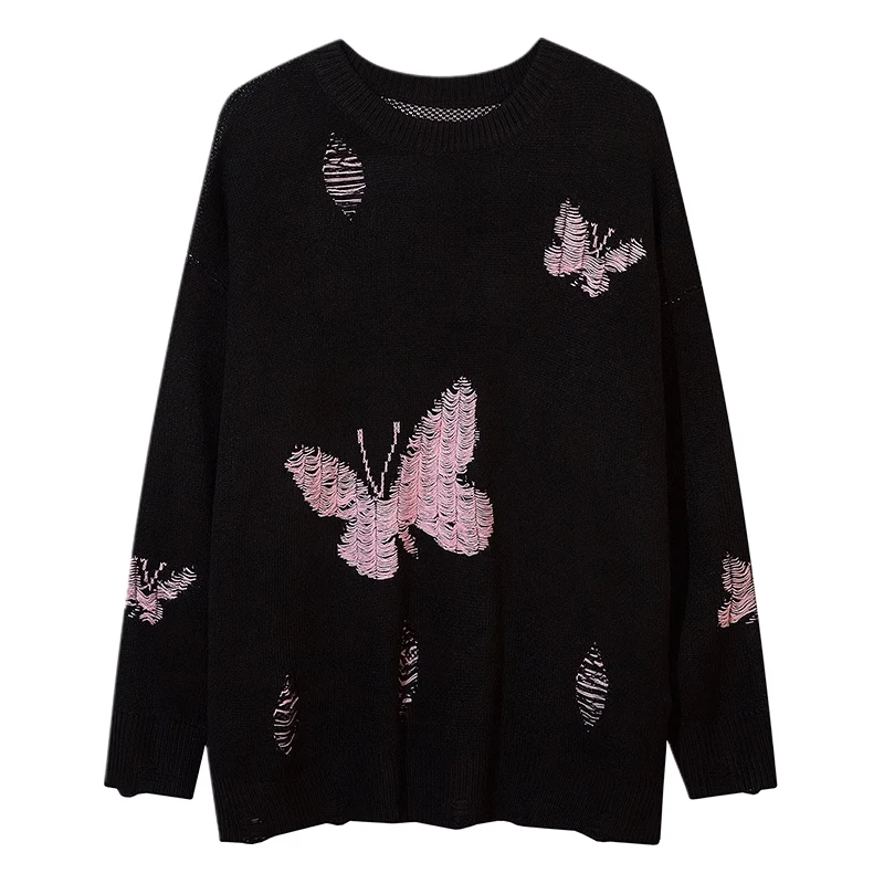 

Pullover Knitwear Round Neck Casual High Street Cartoon Butterfly Embroidered Sweater Men's and Women's Same Loose Autumn Winter