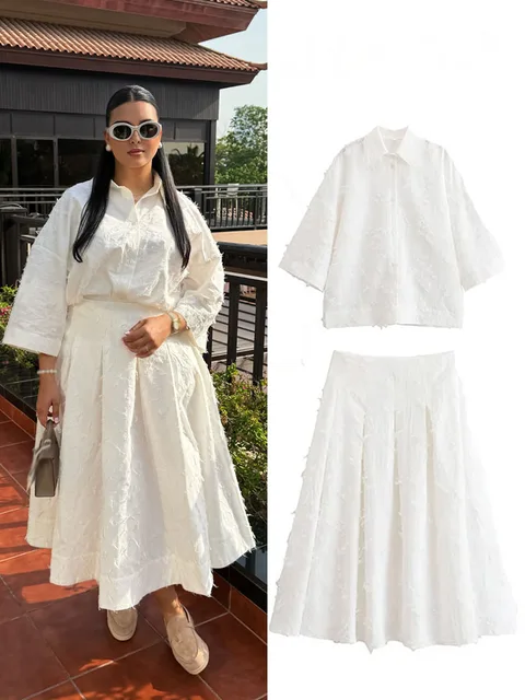 HH Women Tassel Sets White Turn-Down Collar Single-Breasted Shirts+High Waist Zipper A-Line Long Skirts Female Holiday Suit