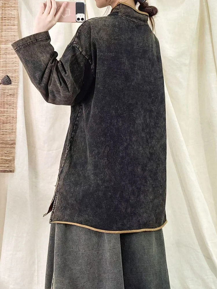 Amax luluE Spring Clothes Women Vintage Turtleneck Long Oversized Denim T-shirts Fashion Ladies Loose Casual Classic Cotton Tops