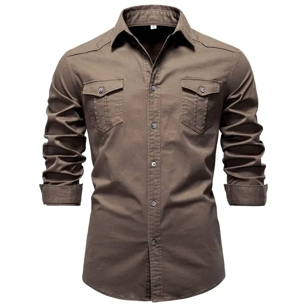 AIOPESON 2026 Business Cotton Pocket Shirt Long Sleeve Quality For Casual Slim Fit Solid Color Men