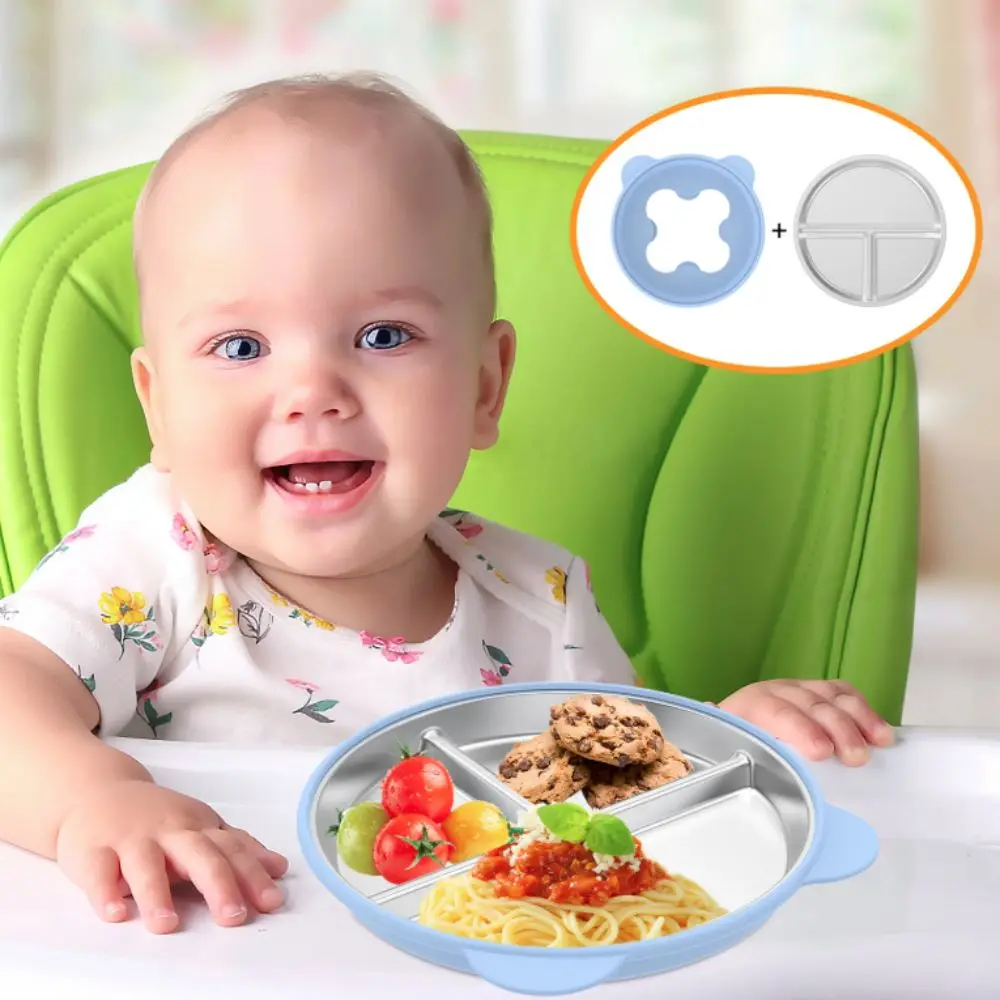 

Bear Shape Suction Cup Dining Plate 304 Stainless Steel Silicone Bottom Sucker Children Dishes Anti-flip Drop-proof Snack Bowl