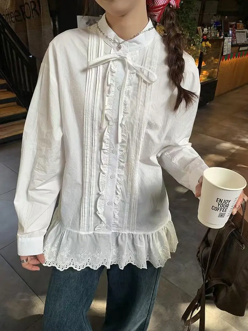 

Свободная женская блузка с длинными рукавами, кружевными вставками и воротником-стойкой, весенняя новинка, в стиле Dongda Gate, с широкими брюками-клеш.