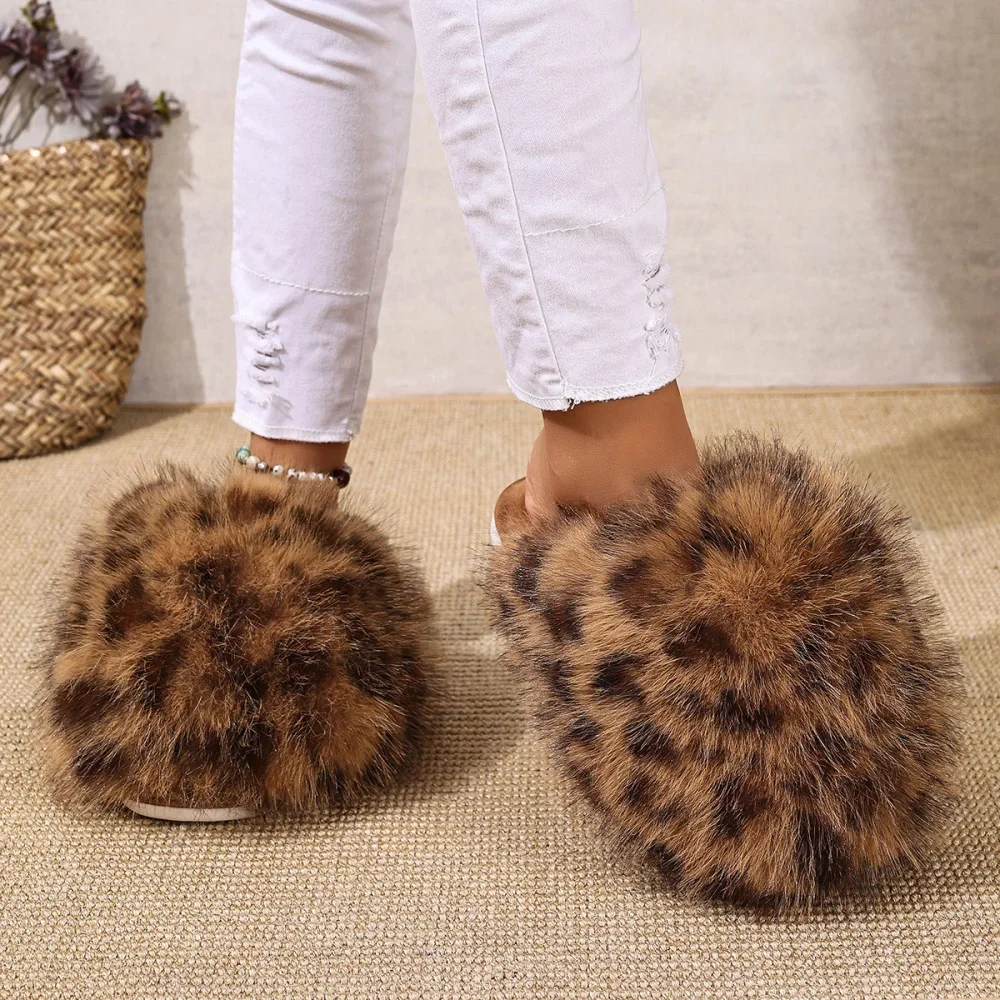 Damen Warme Hausschuhe Plüsch Leopardenfell Flauschige Pantoffeln Große Größen Geschlossene Zehenpartie Flache Sandalen Weiche Bequeme Schuhe für Frauen – Detail 32