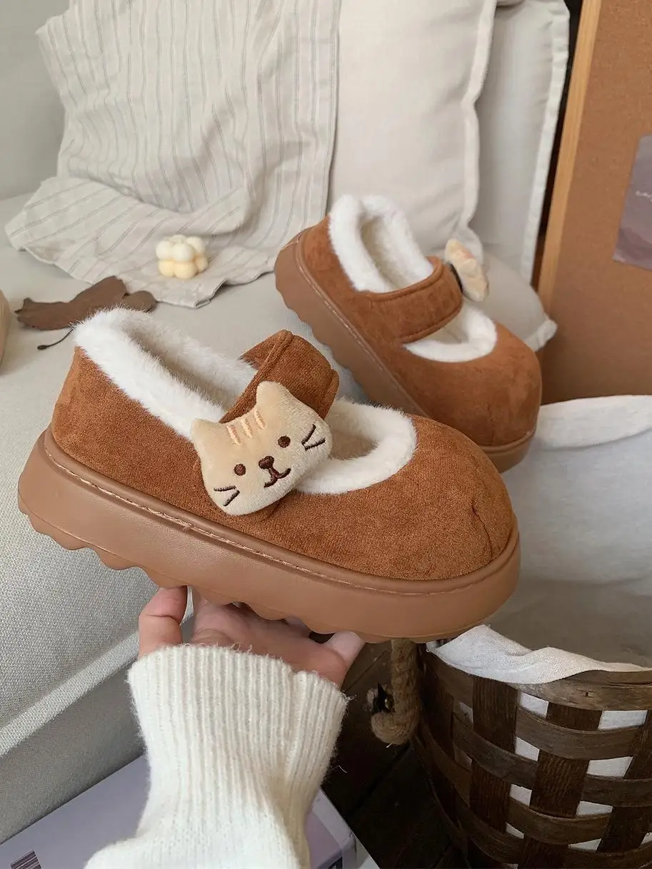 Women Cotton Shoes Ins Coffee Cat Bean Shoes Internet 2024 Winter Outdoor Wear Plush Mary Jane Cotton Shoes Women