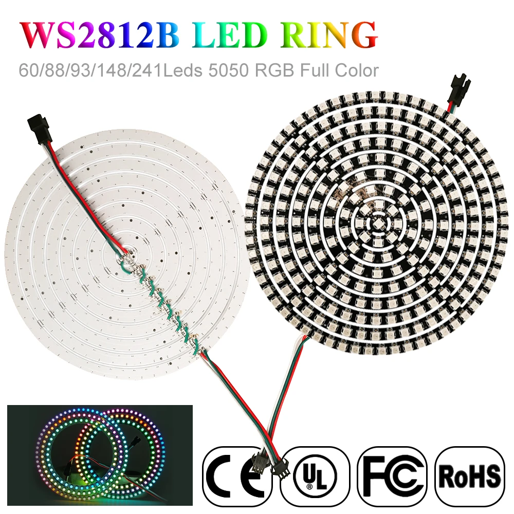 Anel LED Individul Endereçável IC Endereçável BuiIt-in 5050 RGB, Módulo Redondo DIY, PCB Branco e Preto, DC5V, WS2812B, 3Pin, 8 a 241 Pixels