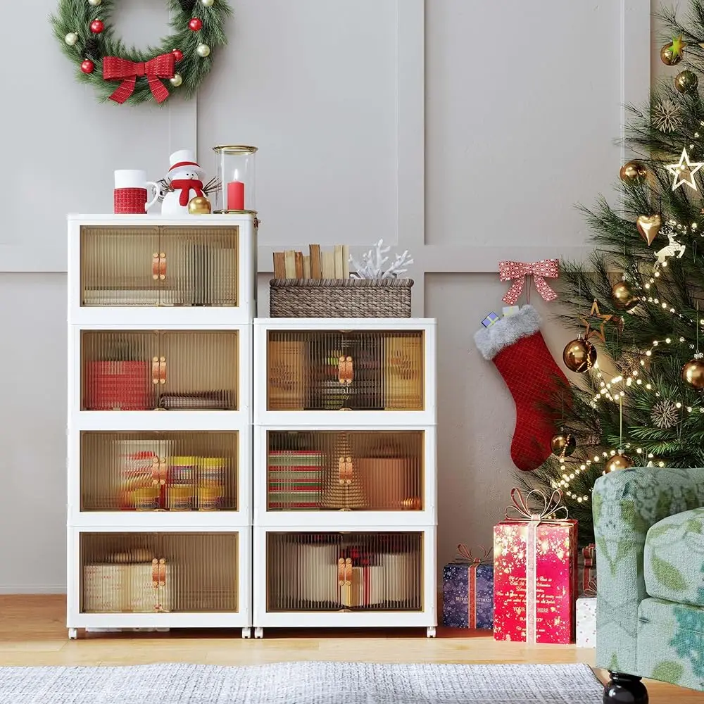 

3 Tier Plastic Storage Bins With Lids 42Qt, Stackable Containers With Wheels, Folding Boxes, Collapsible Bins, Closet