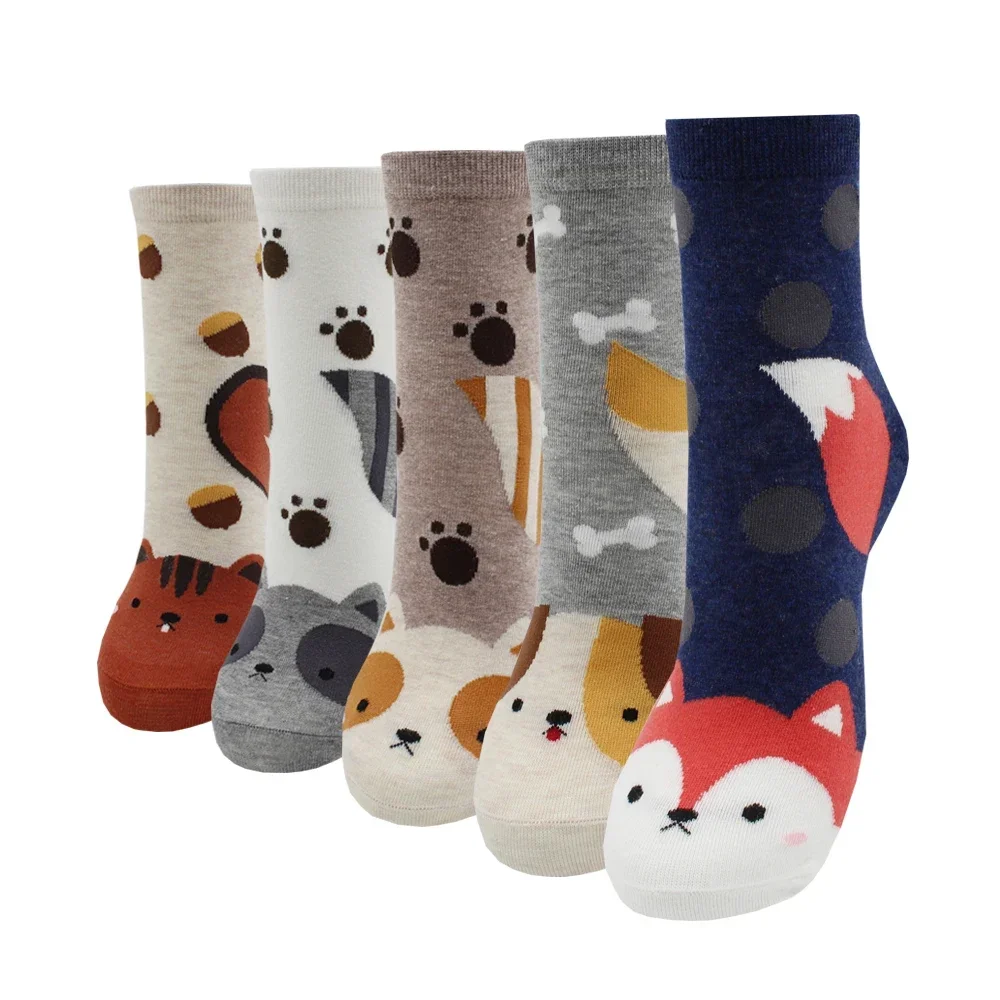 5 Pairs Cute Cow Dog Cat Socks Set  For Girls Boys Kawaii Korea Harajuku Funny Cartoon Animals Printed Happy Sox Soft Cozy