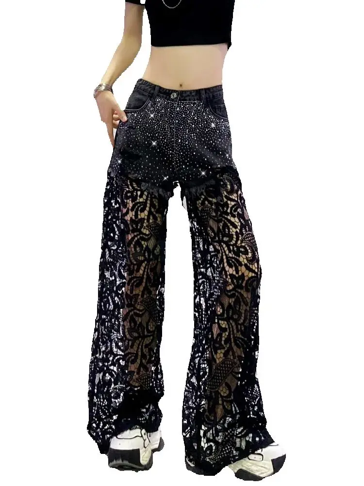 High Street เงาร้อนเจาะ Hollow OUT Lace Splicing DENIM กางเกงยาว All-Match High เอว Mopping ชั้นตรงกางเกง