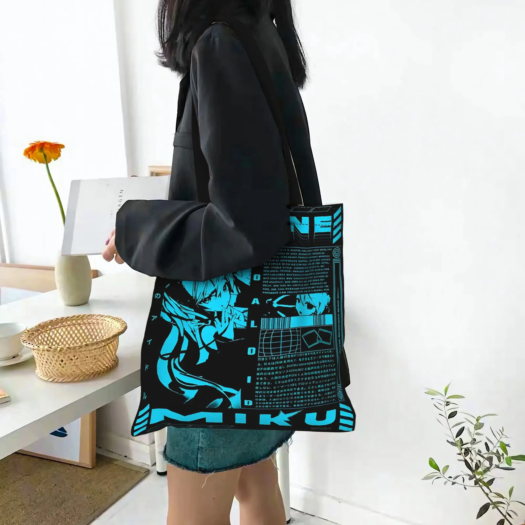 Customized Hatsune Miku Cartoon Singer Women's Bag Shopping Bag Reusable Double Sided Canvas Tote Bag Shoulder  Handbag