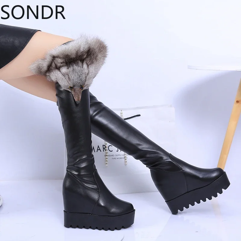 Womens Real Fox Fur Over The Knee Boots Wedge High Heel Platform Shoes Warm Winter Stretchy Black Laides New 2024