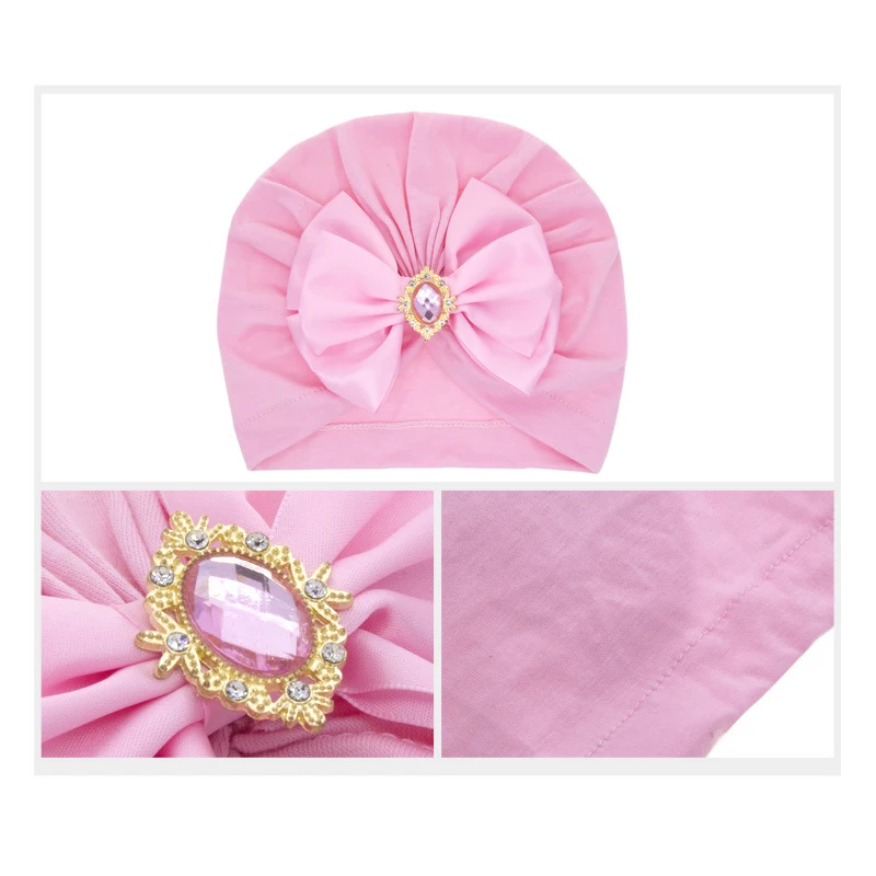 Cute Shining Rhinestone Bowknot Infant Indian Hat Soft Skin-friendly Cotton Baby Girl Caps Turban Fashion Handmade Bows Headwear