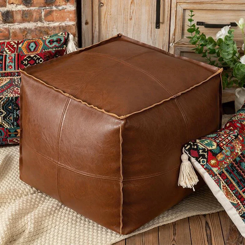 Moroccan Pu Leather Cushion Cover Tatami Unstuffed Floor Cushion Meditation Pouf Home Decor Lazy Futon Wax Leather Ottoman