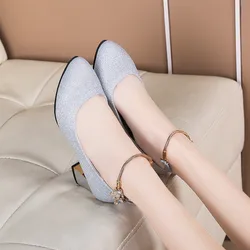 Women Wedding High Heel Shoes Silver Blue Spring Ankle Strap Crystal Shallow Chunky Block Heel Pumps Lady Plus Size