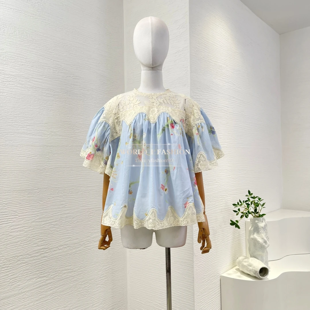 

2025 New High Quality Cotton Blue Floral Print Short Sleeve Lace Patchwork Pleat Blouse Tops and Shorts Set