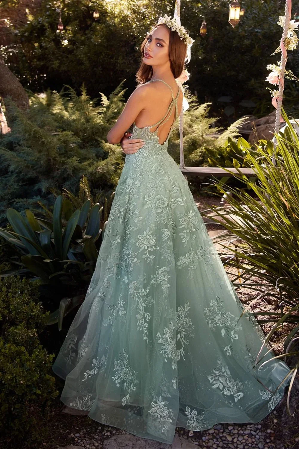 Bella Green Tulle Prom Dresses Lace Embroidery A-line Wedding Dress Elegant Floor-length Spaghetti Strap Vestidos De Fiesta 2024