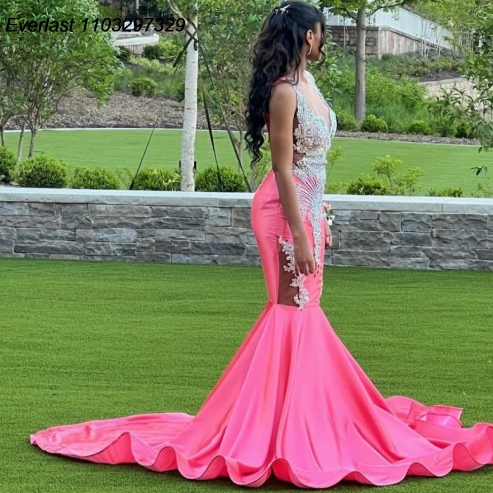 EVLAST Customized Pink Mermaid Long Prom Dress Luxury Silver Beaded For Black Girls Birthday Formal Party Gala Gowns TPD69