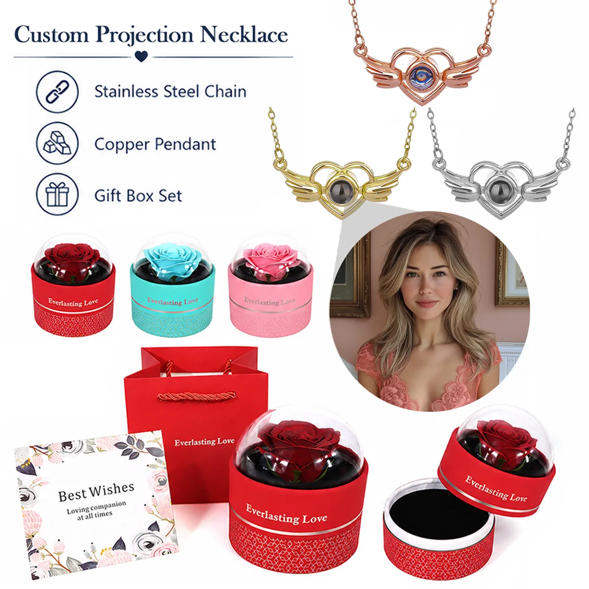 Custom Photo Projection Heart Wings Necklace Rose Gift Box Stainless Steel Chain Valentine's Mother's Day Anniversary For Women
