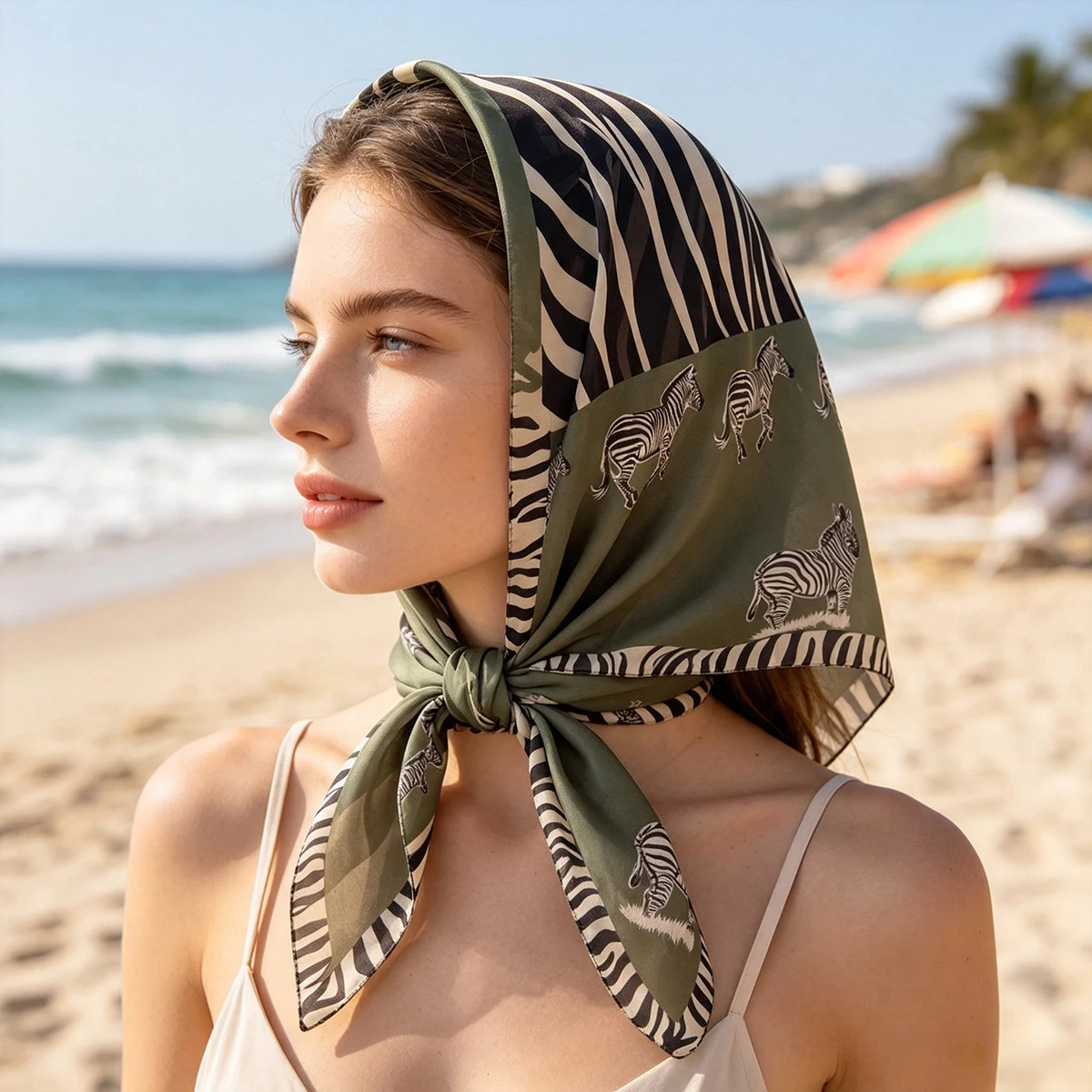 Women's Color-blocked Bebra Print Satin Square Scarf Versatile Hair Band Headband Neck Wraps Neckerchief Bandana