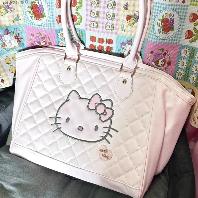 Sanrio Hello Kitty różowa haftowana torba z kreskówki Y2k słodka skóra damska torba podróżna o dużej pojemności torebka na ramię